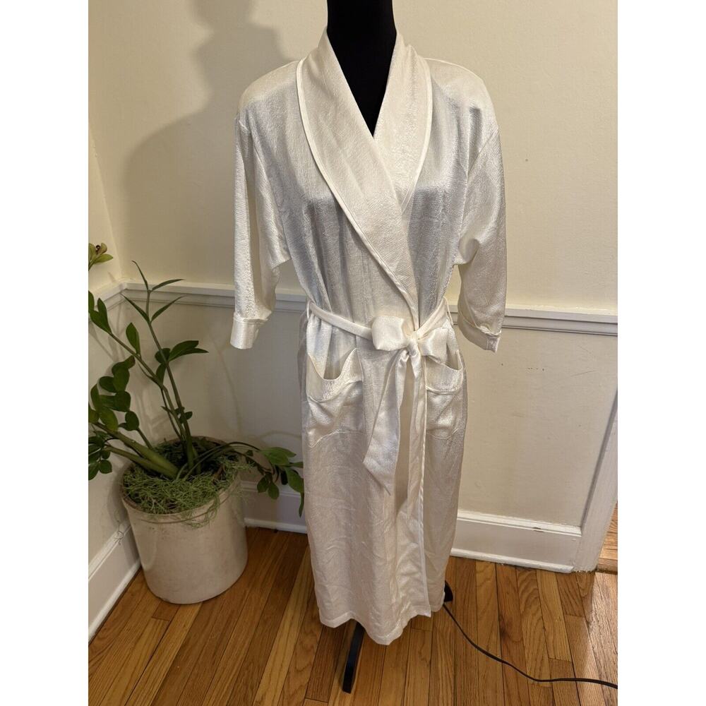 Vintage 80'S VICTORIA'S SECRET GOLD LABEL WHITE CRINKLE SATIN BELTED ROBE S/M **